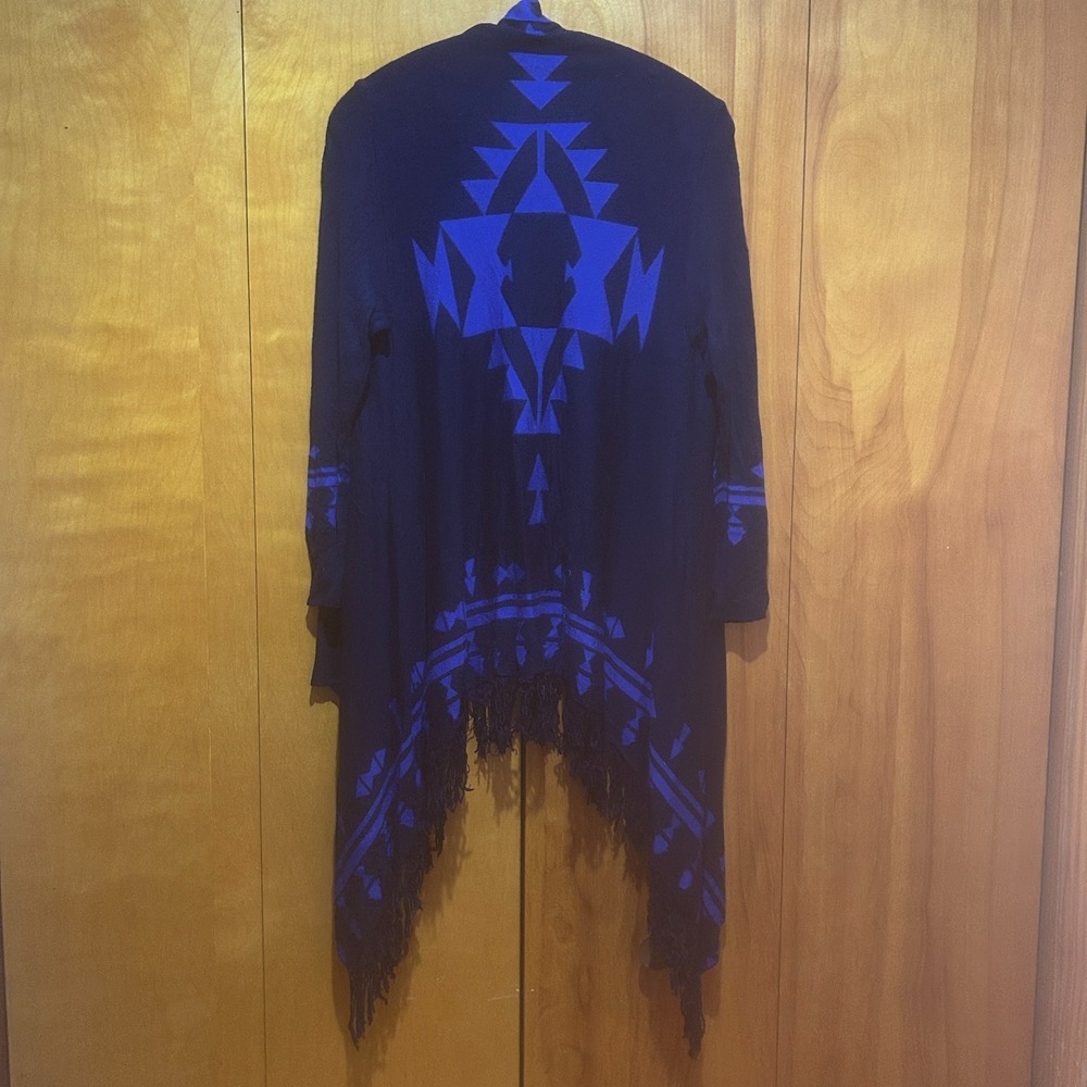 Energe World Wear Cardigan Womens M Blue Aztec Print Fringe Southwestern Boho - Picture 5 of 10